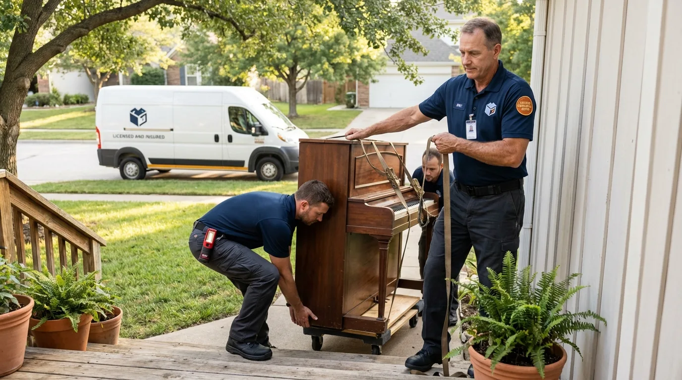 Licensed piano movers securing grand piano in Troy, PA
