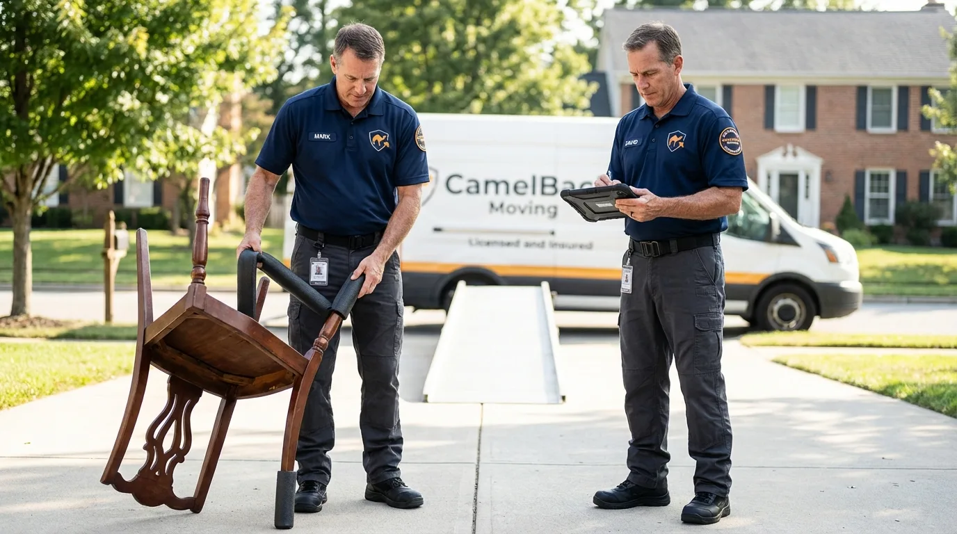 Movers inspecting furniture for damage prevention before loading in Troy, PA