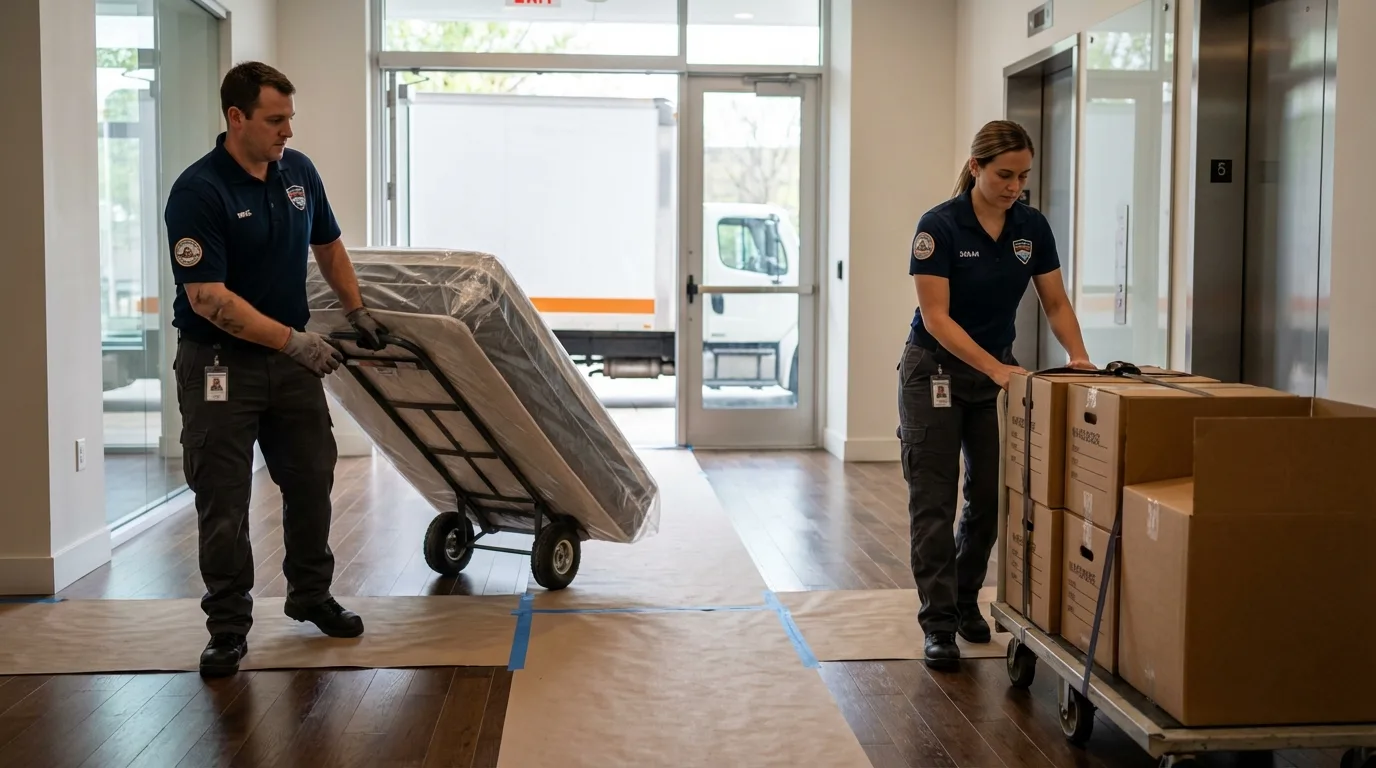 Professional apartment movers loading elevator in Troy, PA