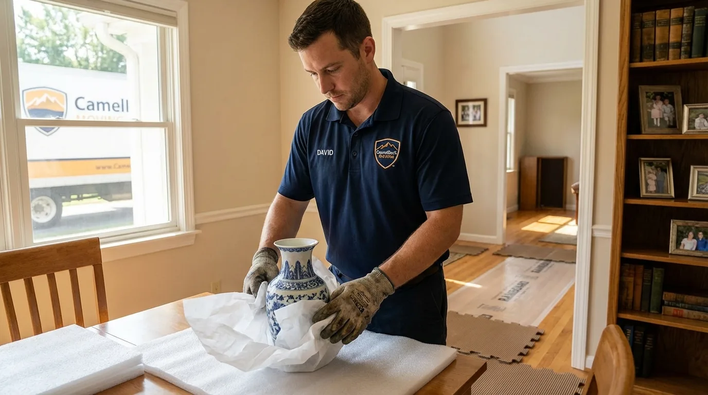 Professional crew carefully wrapping antique vase for senior downsizing move in Troy, PA